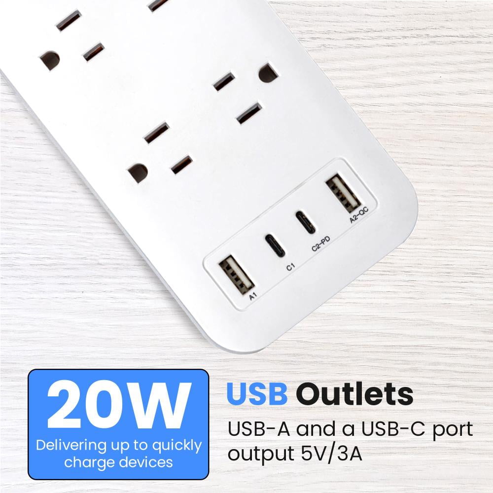 10-Outlet Surge Protector with 2 USB-C & 2 USB-A Ports, 2450 Joules, 6' Cord, LED Indicator – Power Strip for Home and Office Use by Watson(White)