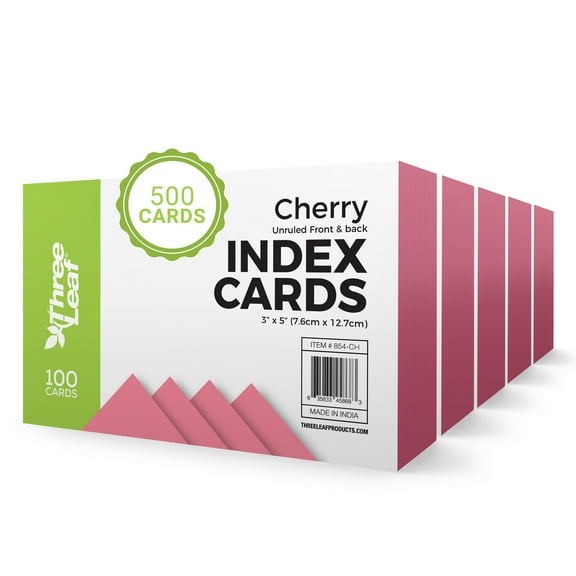 THREE LEAF 3 X 5, INDEX CARDS UNRULED, 500 CT. (100 x 5) CHERRY, Blank Flash Cards, Study Card, Memo Pad, For To-Do List, Art And Craft Projects
