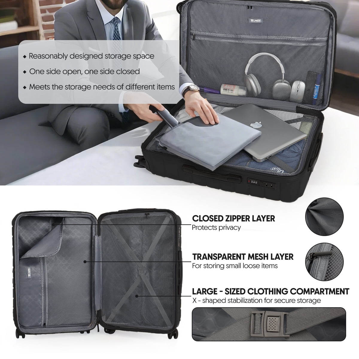 25 Inch Hardshell Medium Checked Suitcase with Wheels,Lightweight Expandable Luggage with Spinner Wheels and TSA Lock,LA13601-Black