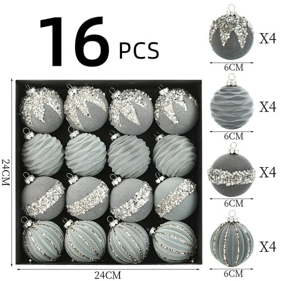 Flocked Christmas Ornaments Balls for Tree - 16 Pcs 6cm Christmas Balls Ornaments,Shatterproof for Xmas Decorations,Hanging for Party Decor(Gray)