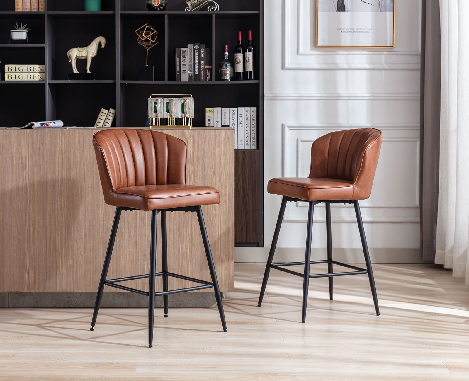 Guyou 26” Counter Height Bar Stools Set of 2, Modern PU Upholstered Kitchen Island Chairs, Barstools with Back and Footrest for Kitchen Island Pub Restaurant, Brown