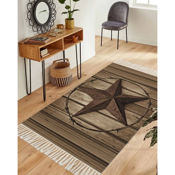 Western Star Retro Area Rug 3x5ft Woven Runner Rug, Brown Vintage Wood Grain Washable Living Room Hallway Bedroom Kitchen Carpet with Tassels, Non-Shedding Indoor Outdoor Throw Door Mat for Entryway