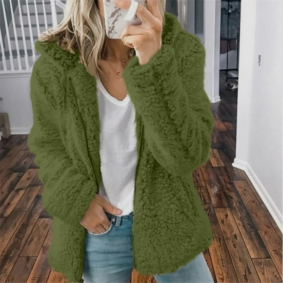 Aboser Women Fuzzy Fleece Coat with Hood Solid Color Winter Coats Warm Fur Shearling Jackets Soft Zip Up Outerwear with Pocket