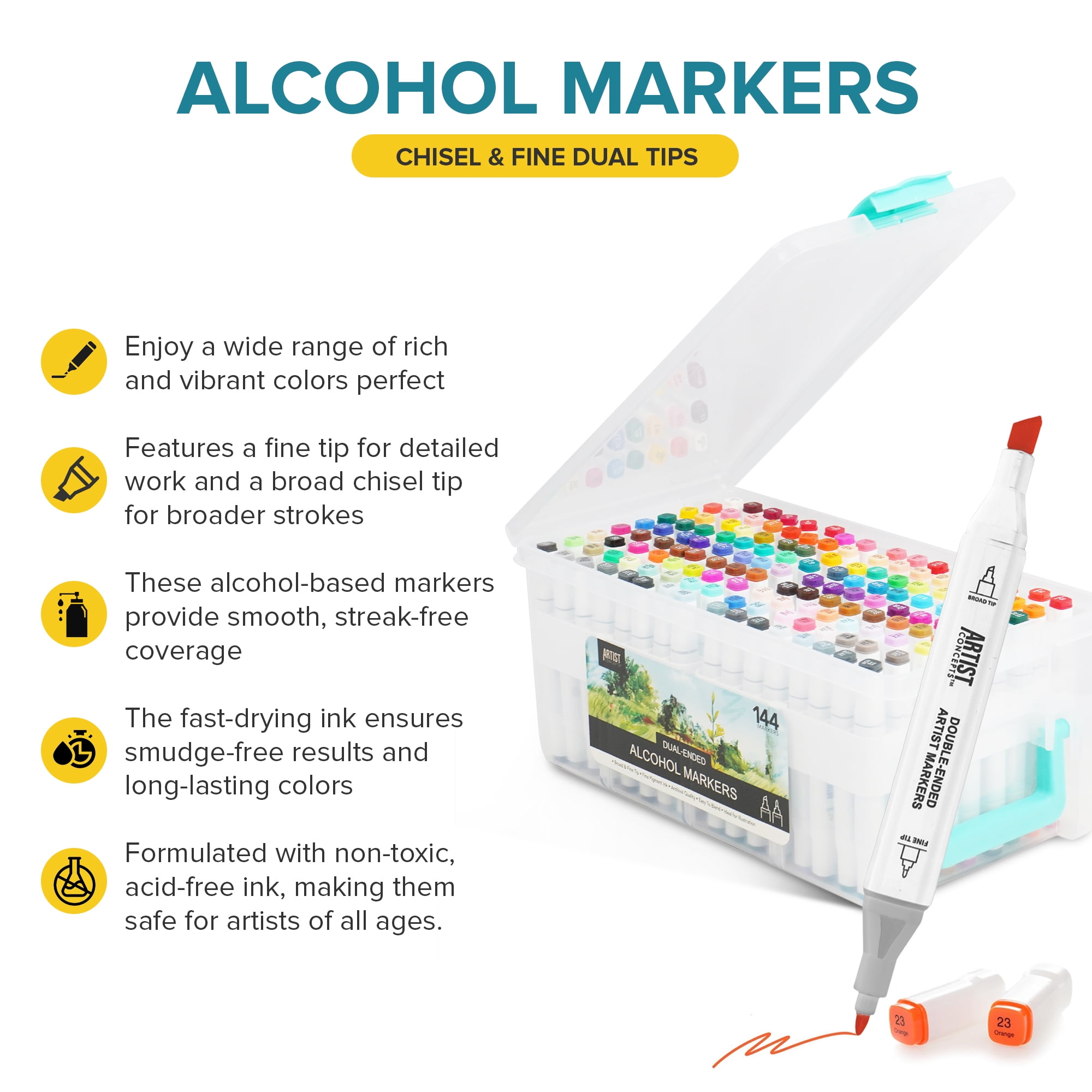 Artist Concepts Dual Tip Alcohol Markers, Smooth and Vibrant Colors for Coloring books, 144 count