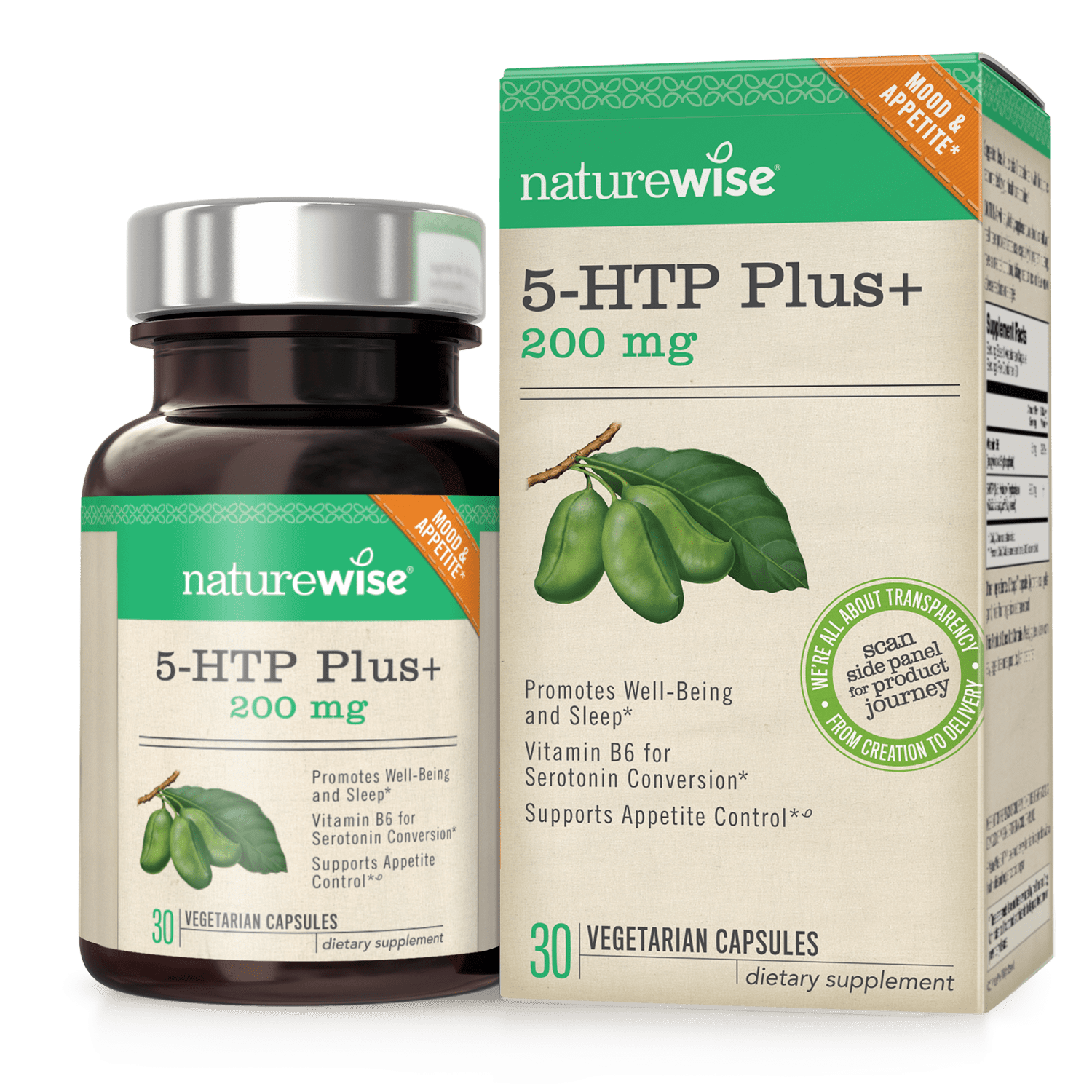 NatureWise 5-HTP Plus+ with Advanced Time Release, 200 mg, Supports Appetite Suppression, Mood, Stress, and Sleep, 30-ct