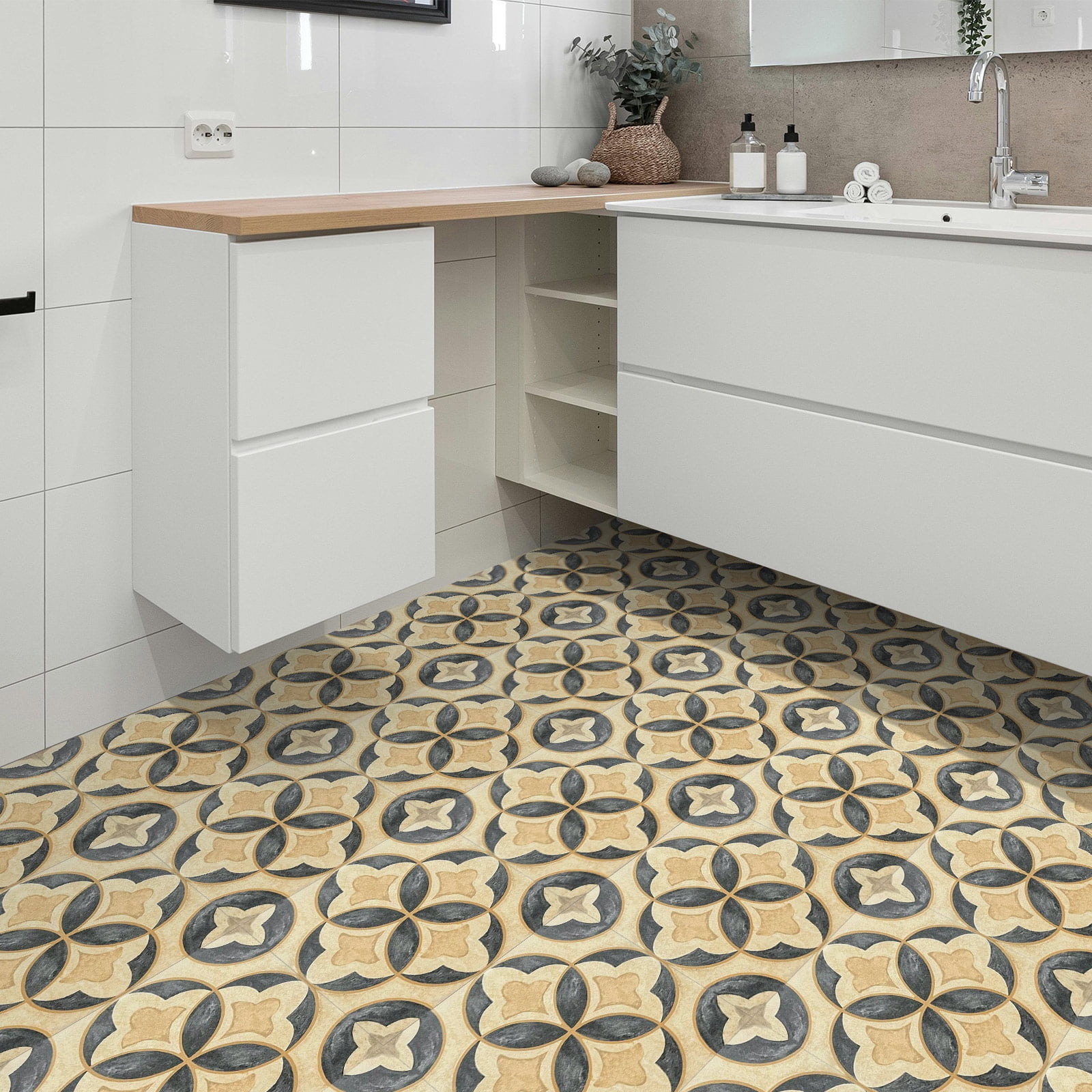 DEWOO 10PCS 12" x 12" Peel and Stick Floor Tiles, Vintage Floral Removable Self Adhesive Vinyl Flooring Stickers, Renter Friendly DIY Tile for Kitchen Entryway Bathroom Living Room