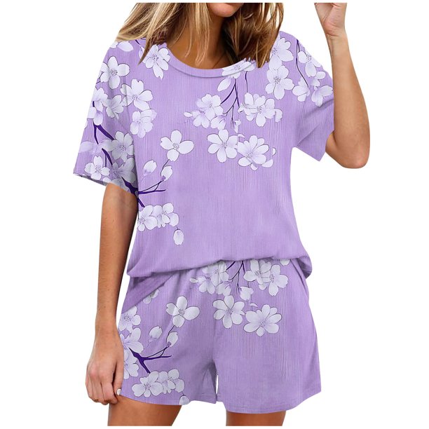 Conjunto de Pijama de las Mujeres de Moda Casual Color Sólido Casa Manga Corta Cuello Redondo Superior Y Pantalones, Ropa de Salón