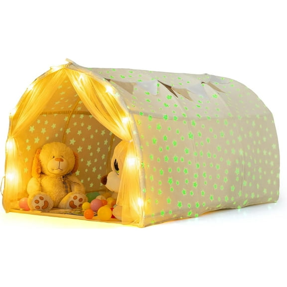 INFANS Kids Bed Tent with Glow in The Dark, Portable Children Playhouse Privacy Space Twin with Mat Star Light Double Net Curtain, Indoor Outdoor Princess Tents Castle for Boys Girls