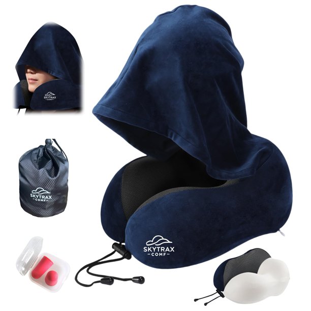 Almohada de viaje SKYTRAX COMF de espuma viscoelástica con capucha extra grande