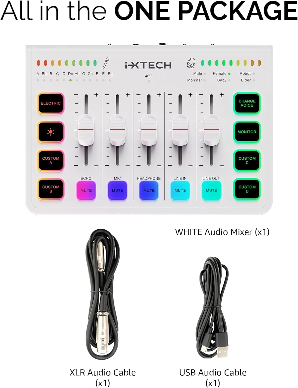 IXTECH Gaming Audio Mixer 4 Channel Soundboard, Streaming RGB PC Audio Interface with XLR Microphone Support, Audio Equalizer for Gaming Podcast Streaming Karaoke, Individual Volume Controls (White)