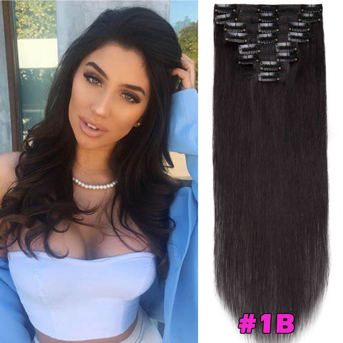 HAIRRO Clip In Human Hair Extensions, Brazilian Hair 8pcs/18Clips Dark Brown to Chestnut Brown Balayage Hair Extensions Full Head Silky Straight 100% Human Hair Clip In Extensions 8Inch-24inch