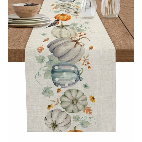 Fall Burlap Cotton Table Runner 13x120 Inches Long, Orange Green Pumpkins Thanksgiving Bird Leaf Farmhouse Table Runners, Outdoor Dining Tablecloths Decor for Baby Shower/Party/Wedding