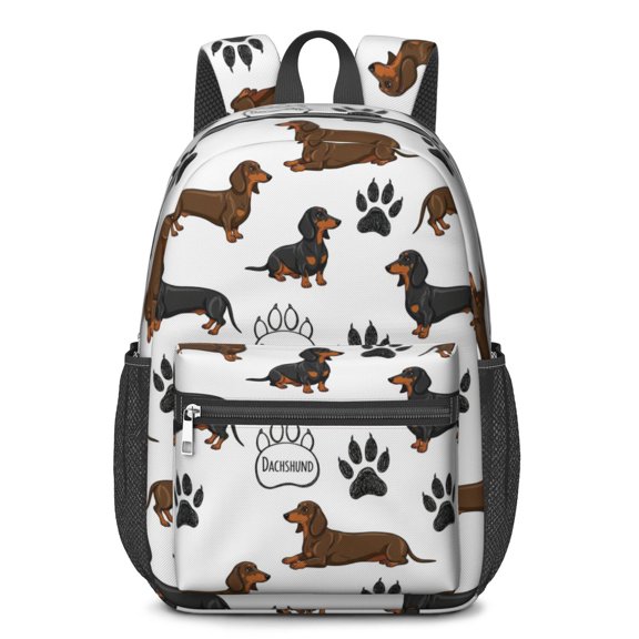 Dachshund Paw Print White Pattern 17" School Backpacks for Teens,Waterproof Oxford Fabric,S-Shape Padded Straps for School,Travel,Hiking,Camping