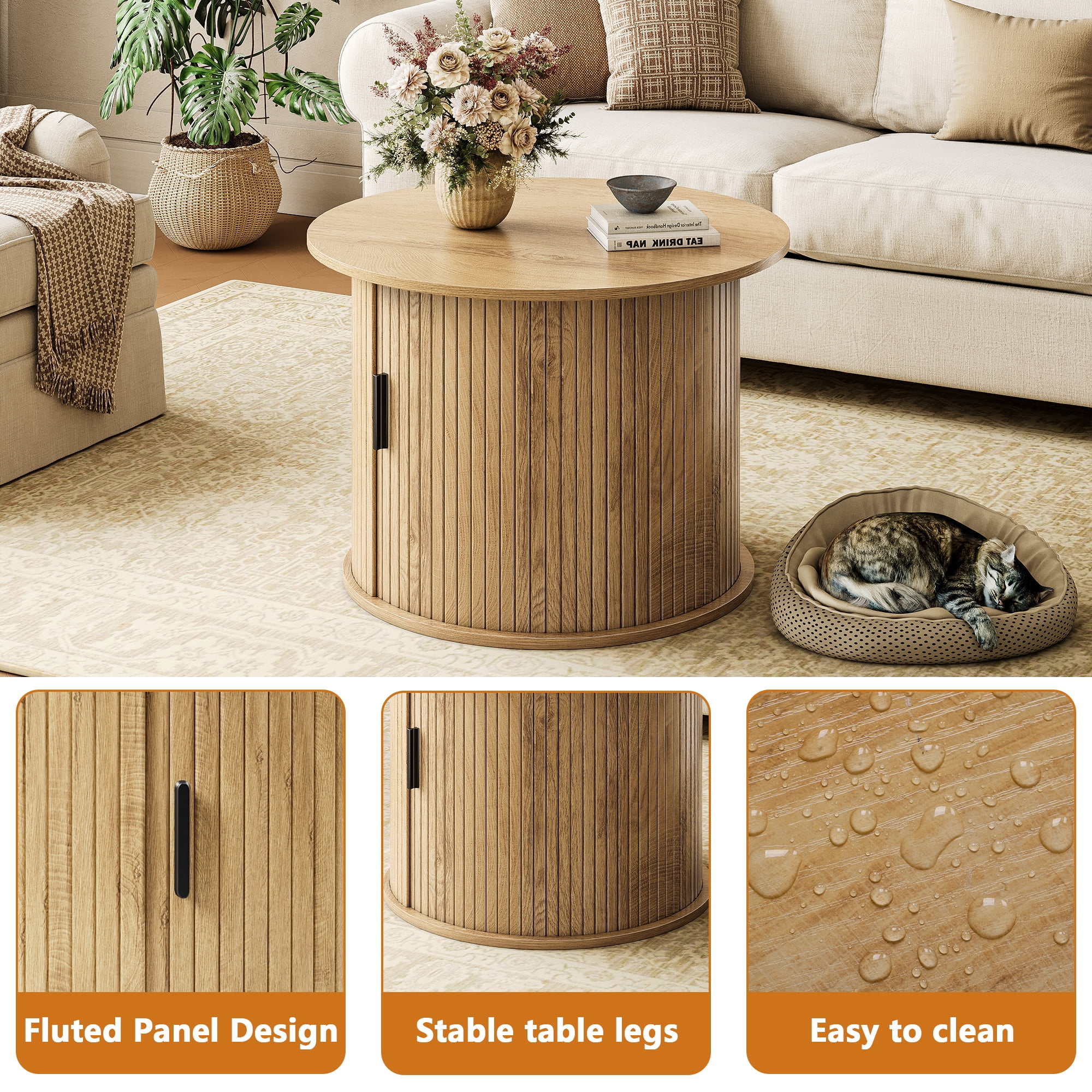 GUNAITO Round Small Coffee Table with Storage, Modern Farmhouse Center Table with Shelf Wood Table for Living Room, Natural wood