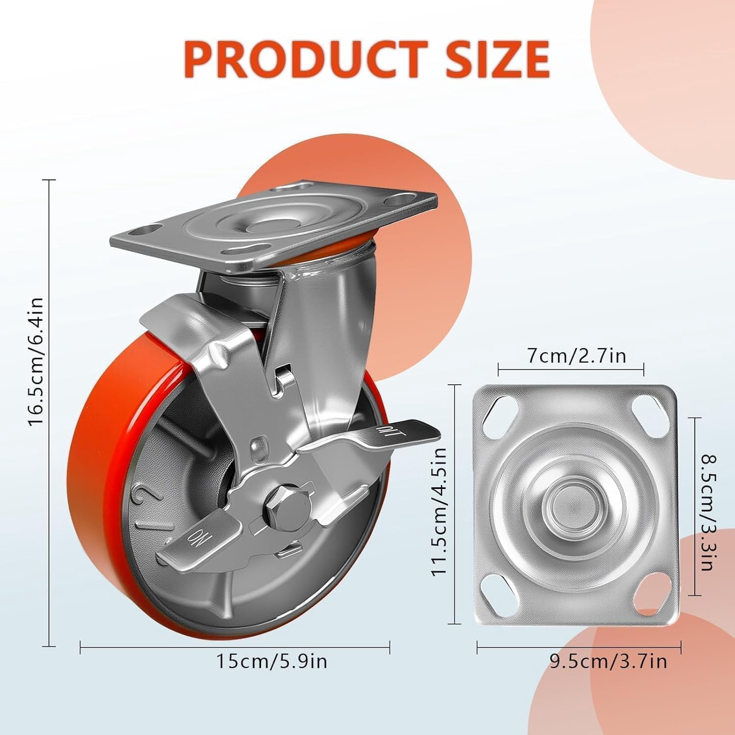 Maeklon 6" Industrial Polyurethane Caster Wheels Set of 4, Noiseless Swivel Wheels on Steel Hubs, 4800 Lbs Capacity, Swivel Plate Casters with Brakes for Workbench, Cart, Machine