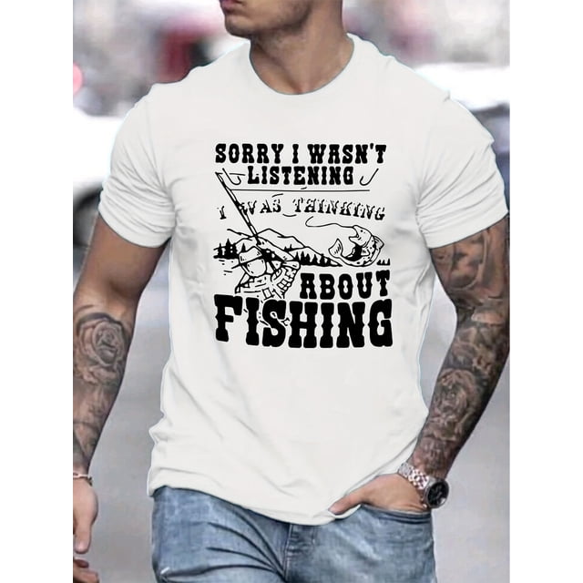 Funny Fishing & Slogan Pattern Print Graphic T-shirts, Causal Tees, Short Sleeves Comfortable Pullover Tops, Men's Summer Clothing