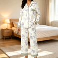 thumbnail image 3 of VISALY 2 Piece Floral Printed Set for Women V Notch Collar Button Down Long Sleeve Pajama Top Loose Fit Straight Long Pants Lightweight Cozy Loungewear Nightwear Sleepwear Fall Outfits Ai M, 3 of 4