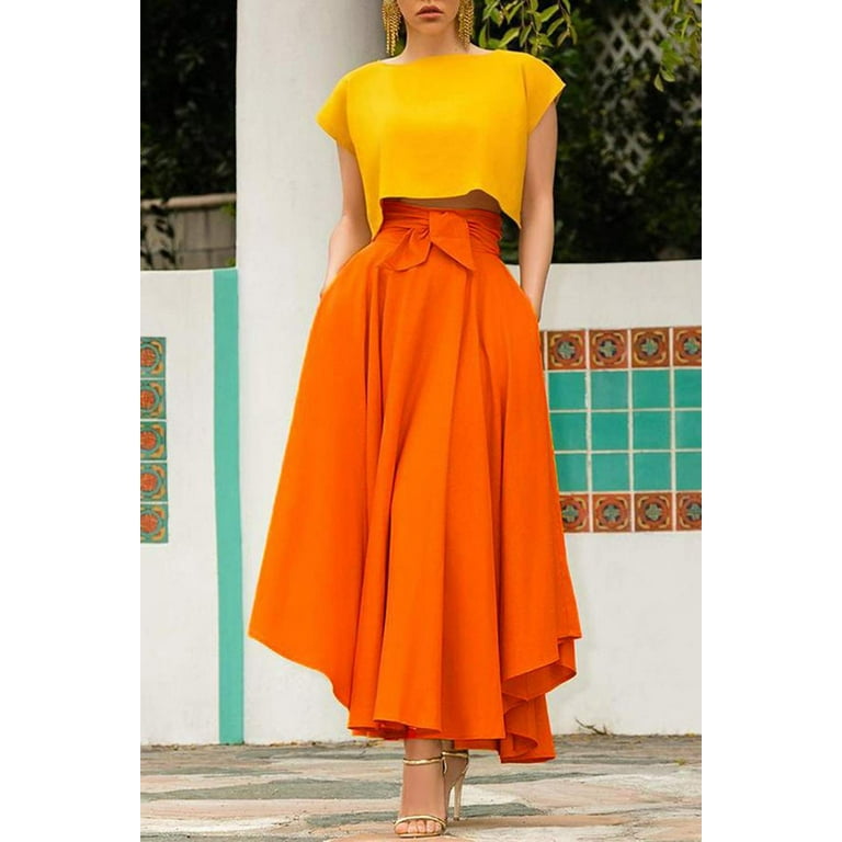 orange gypsy dress Womens High Waist Flared Pleated Long Dress Gypsy Maxi Belted Skirt Full  Length