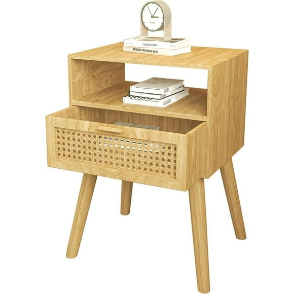 QRInnovations Mid-Century Modern Rattan Nightstand (2 Set), Boho Wood Accent Table with Storage Drawer - Bedside Table for Bedroom or End Table for Living Room, Natural Wood Accent Decor - Dark Brown