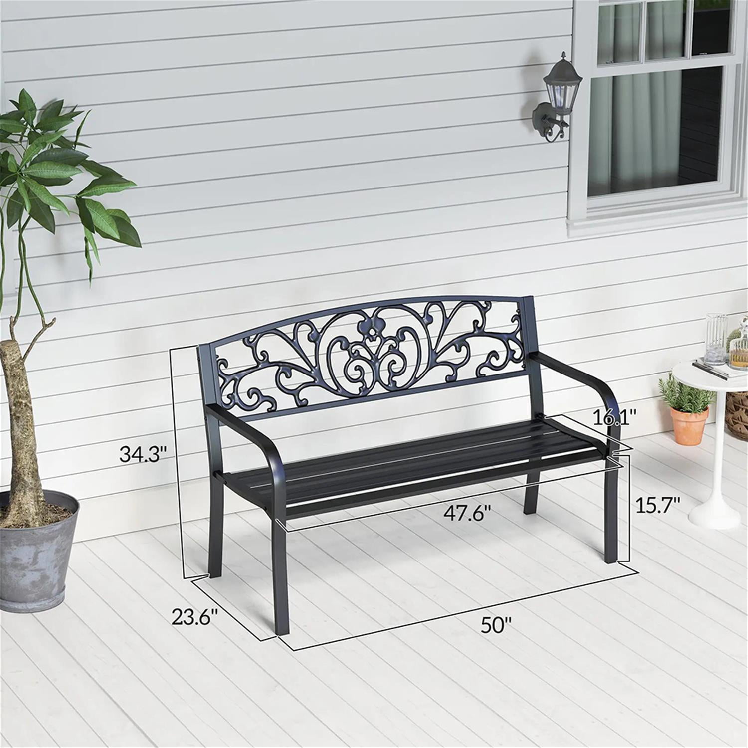 Demi Bonn Patio Garden Bench Metal Park Bench, Outdoor Benches Furniture with Floral Pattern Backrest & Slatted Seat for Patio, Park, Lawn, Yard, Black
