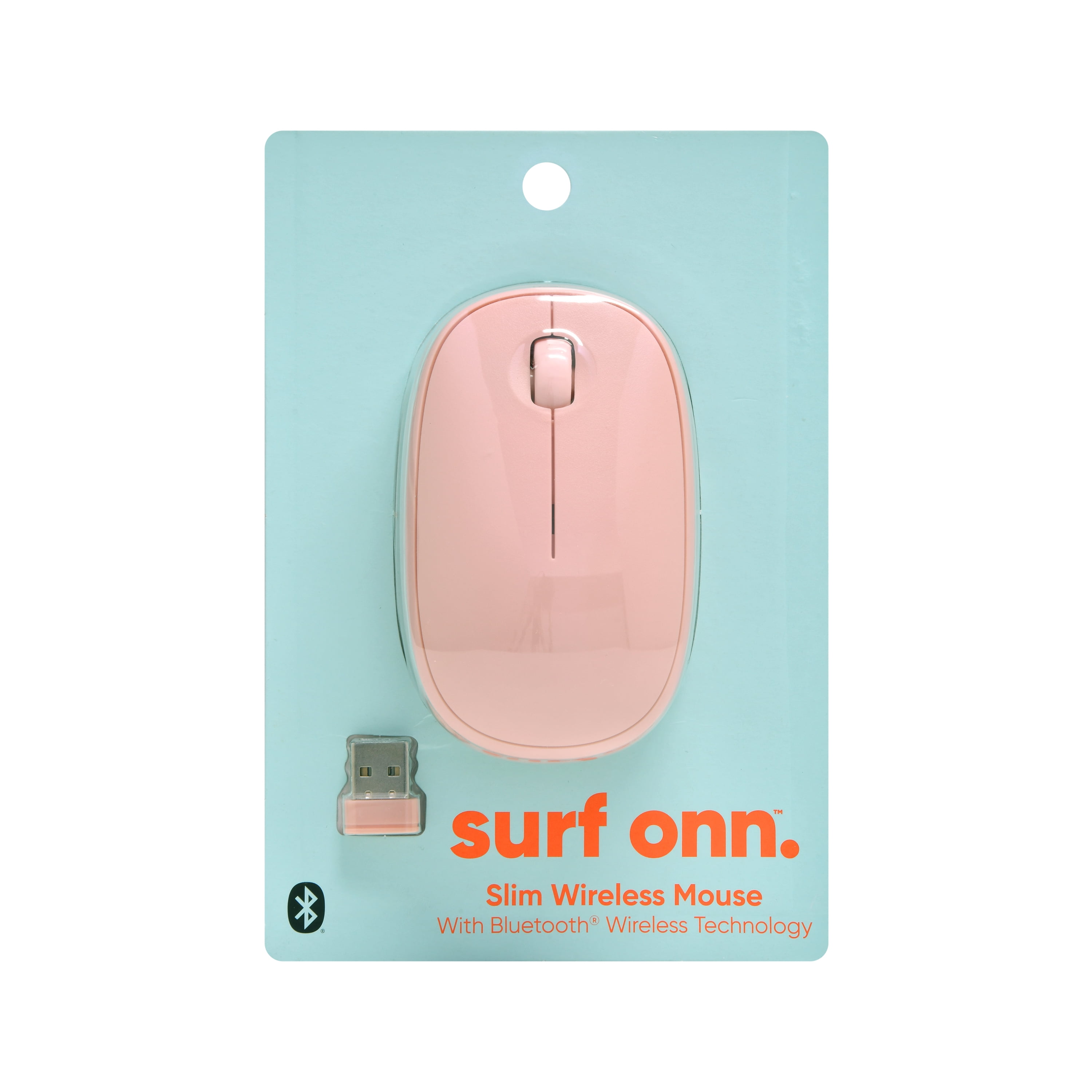 onn. Slim Wireless 3-Button Computer Mouse, Bluetooth and Nano USB  Receiver, 1600 DPI, Pink 