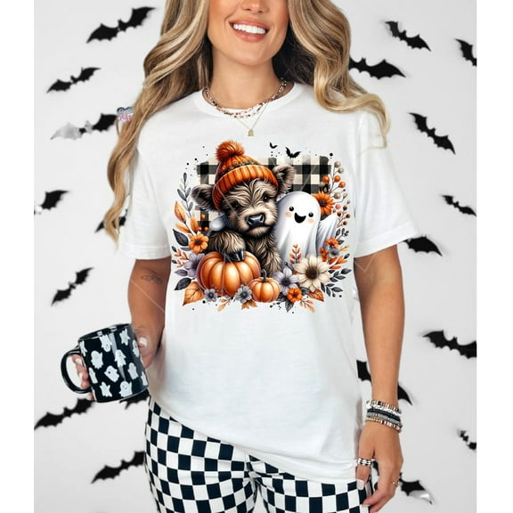 Cute Highland Cow Ghost Halloween T-Shirt, Spooky Season Fall Shirt with Pumpkin Spice and Boo Ghost Graphic