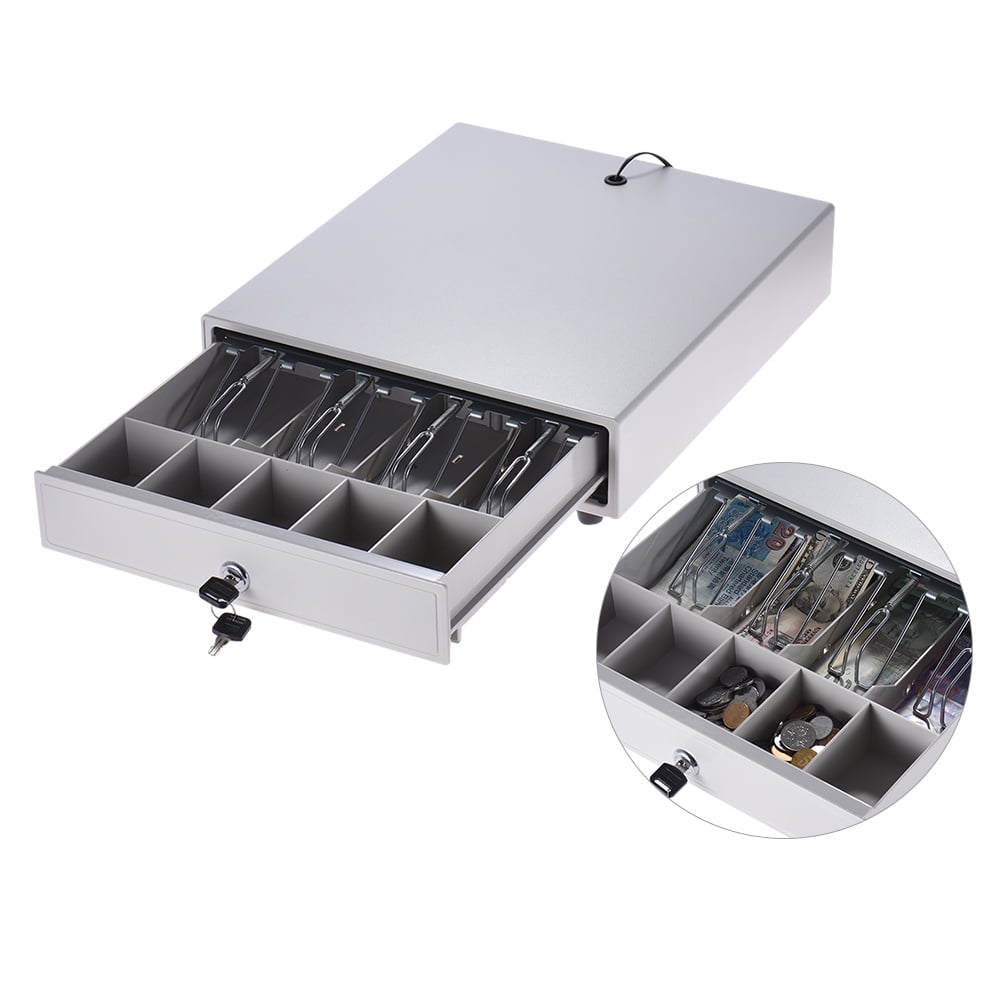 Portable Cash Drawer Box Deposit 5 Coin Trays Cover Organizerand Slot Holder Key 