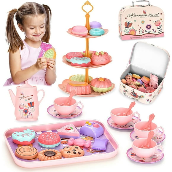 CNKOO Tea Set for Little Girls Birthday Gift for Age 3 4 5 6 Year Old Princess Kids Kitchen Pretend Toy with Tin Tea Set Desserts & Carrying Case