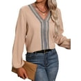 thumbnail image 5 of QAFOPEH Women Contrast Color Guipure Lace V Neck Long Sleeve Textured Top, 5 of 7
