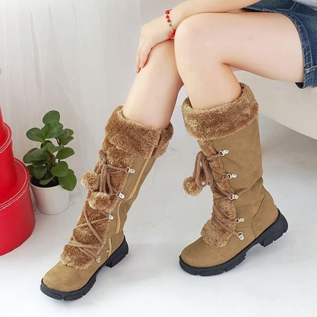 LSLJS Bottes d'Hiver pour Femmes, Bottes à Lacets à Fermeture Éclair Snow en Coton Peluche Chaud Chaussures en Pur Coton Boule en Peluche Bottes de Chevalier Ethniques