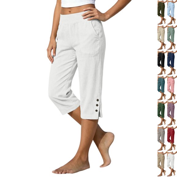 Capris Pants for Women Cotton Linen Casual Straight Leg Elastic Waist Split Button Summer Cropped Pants with Pockets (White,M)
