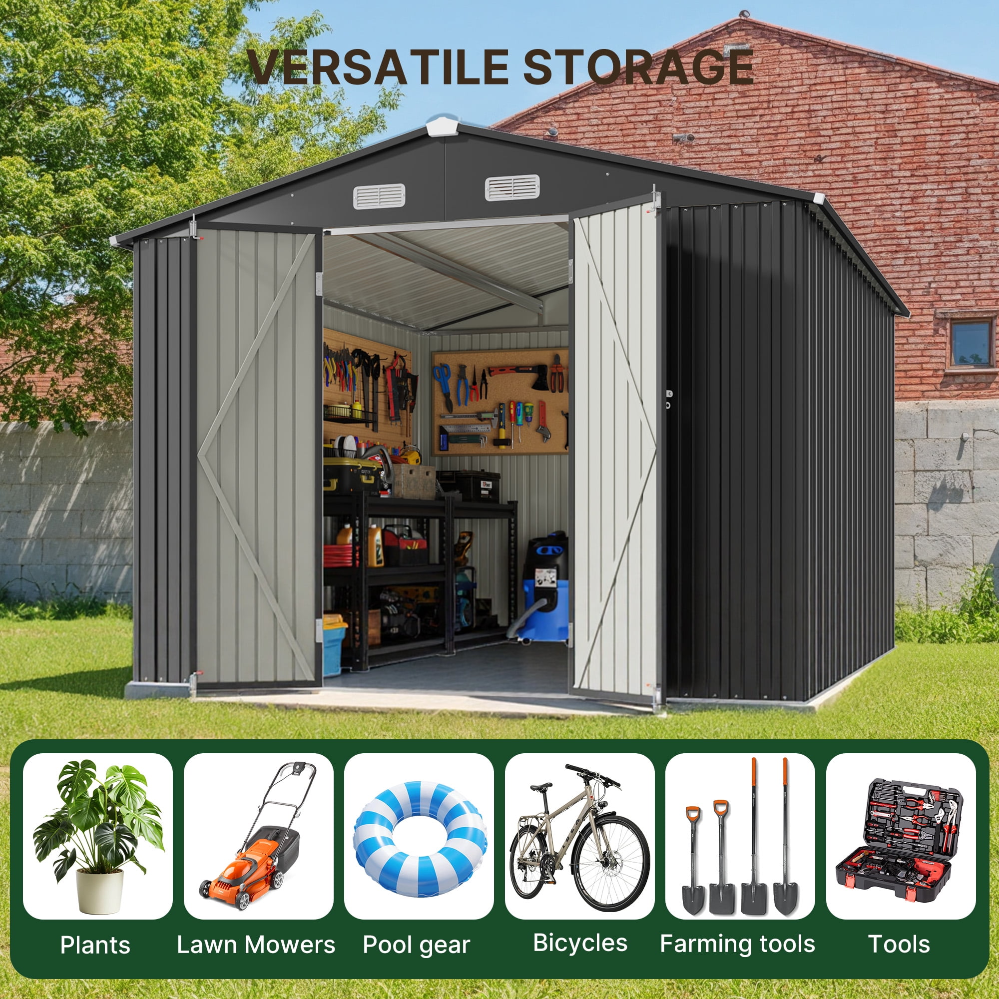 10'x10' ft Outdoor Storage Shed on Sale, Sheds & Outdoor Storage with Lockable Doors, Metal Garden Shed by Durable Galvanized Steel for Patio, Lawn, Grey