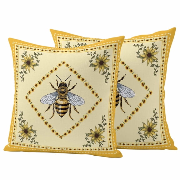 2 Pack Outdoor Waterproof Throw Pillow Covers,Farmhouse Sunflower Bee Decorative Square Pillow Case Patio Pillowcases for Chair Couch Sofa 16x16in