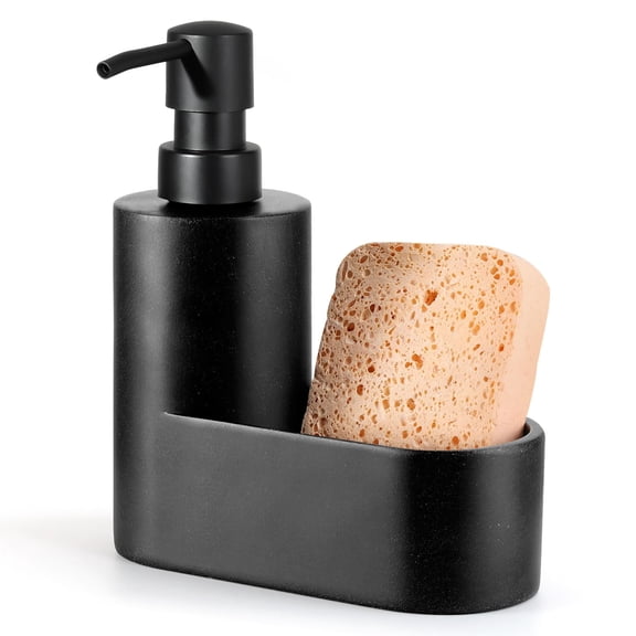 Shinowa Dish Soap Dispenser with Sponge Holder, 2-in-1 Refillable Countertop Dish Soap Dispenser Pump for Kitchen Sink Bathroom, Gravel Black