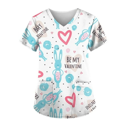 

Cakiesky Womens Scrub Tops Quick Dry V-Neck Printed Short-Sleeve Working Uniform Sky Blue XL
