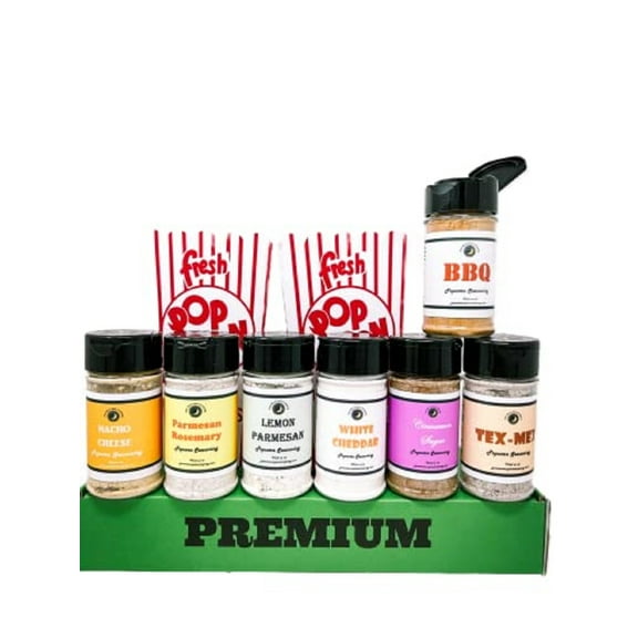 Popcorn Seasoning | Variety 7 Pack | Nacho Cheese | Parmesan Rosemary | Tex-Mex | Cinnamon Sugar | BBQ | White Cheddar | Lemon Parmesan | Includes 8 Popcorn Bags | Crafted by June Moon Spice Company