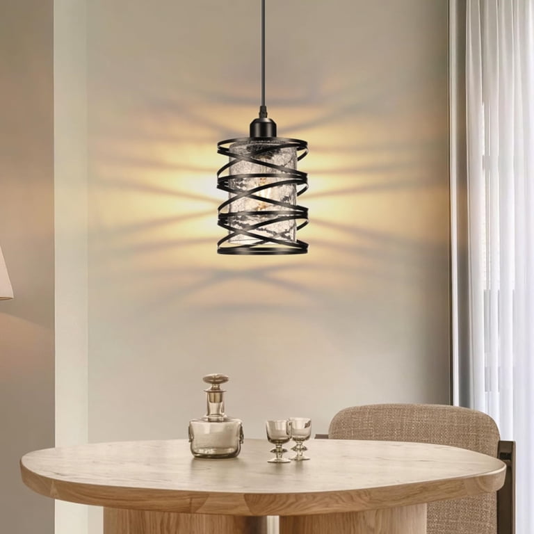 Farmhouse Industrial Pendant Light - Adjustable Hanging Glass Fixture For Kitchen Island, Dining, Bedroom (Matte Black)