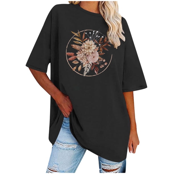 Camisetas de Manga Corta para las Mujeres Impreso Cuello Redondo Suelto Camiseta, Casual Cuatro Estaciones Blusa para el Hogar
