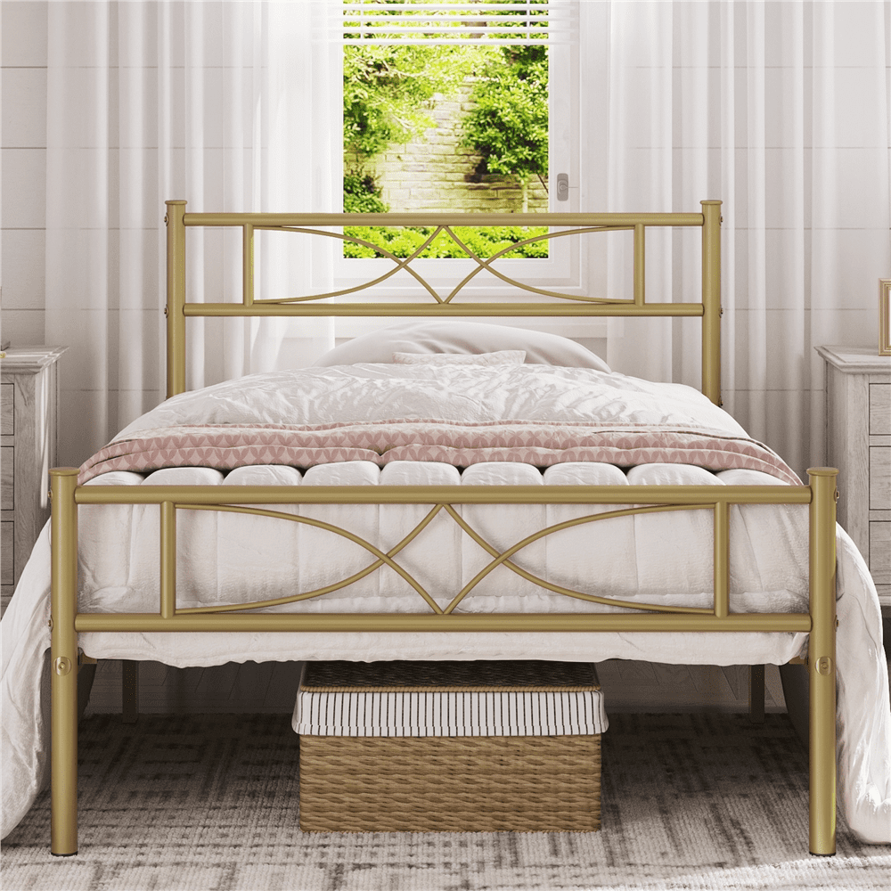 Renwick Twin Size Curved Design Metal Platform Bed, Adult, Antique Gold
