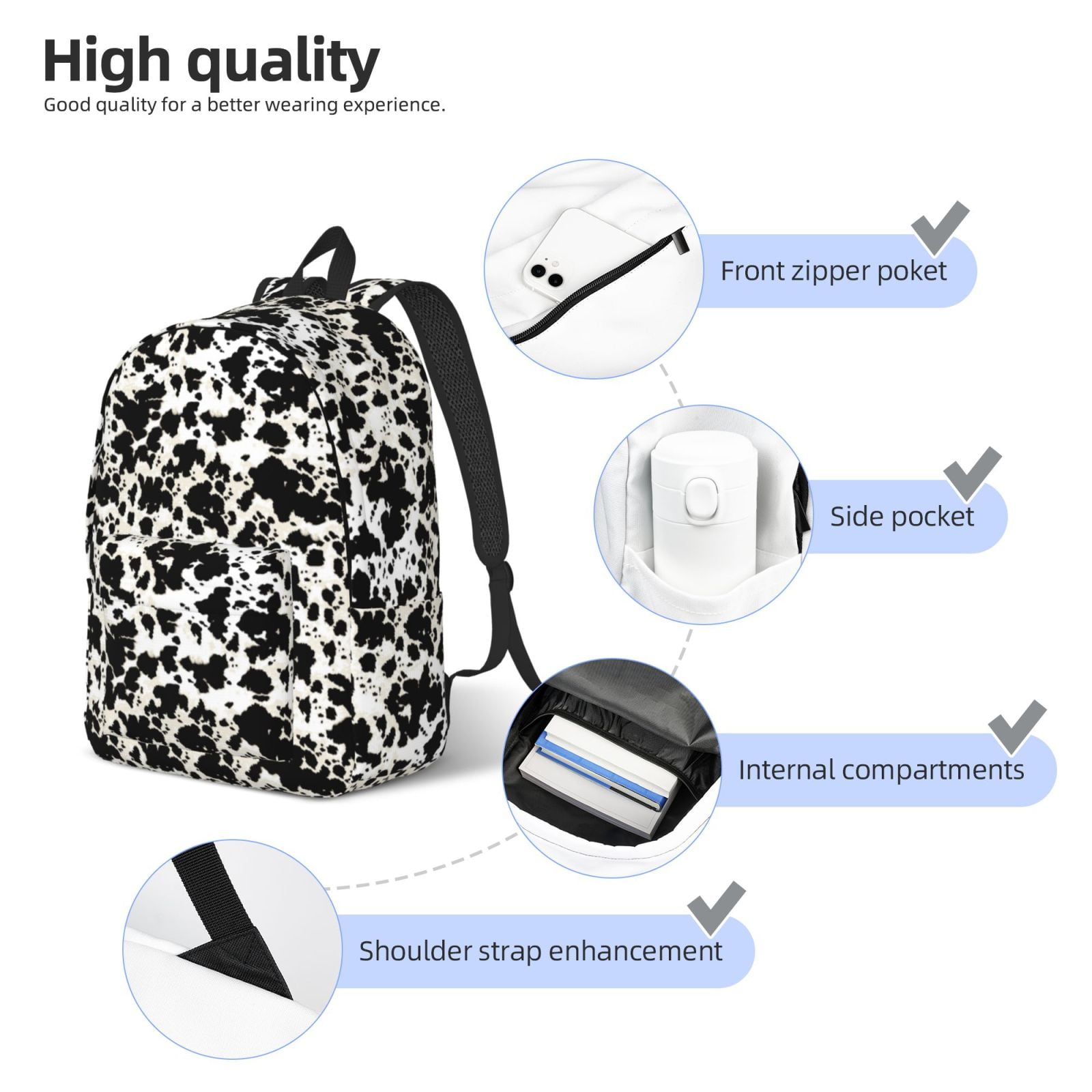 Ratiio Cow Skin 1 Print Canvas Backpack for Women & Men Retro Aesthetic Rucksack Basic Backpack for High School/College Students Travel Laptop Bag