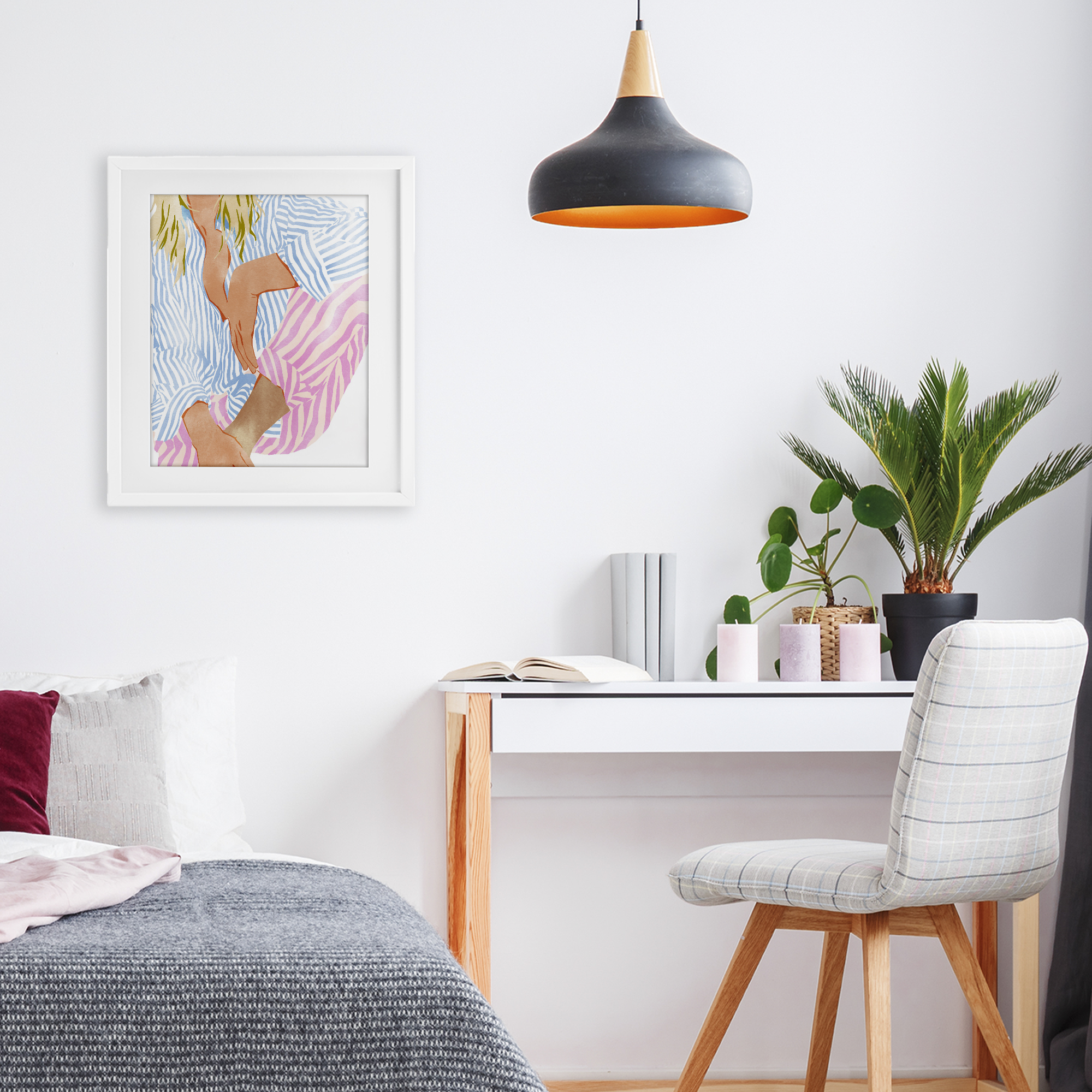 Woman in Pastel Stripes White Framed Print Under Glass, design by Ziwei Li