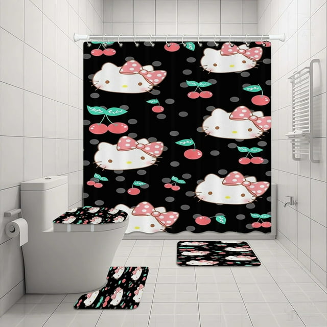 Hello Kitty Ensemble de Rideau de Douche Sanrio Impression Anime Imperméable Rideau de Douche Ensemble de Quatre Pièces Tapis Couvercle de Toilette en Forme de U LS