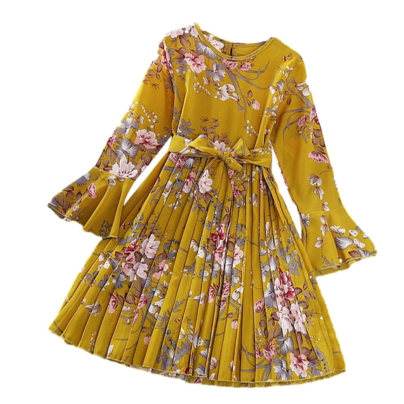 MXIEZI Little Girls Floral Dresses Teen Long Sleeve Dress for 5-12T Kids Flare sleeve Fall Winter Dress