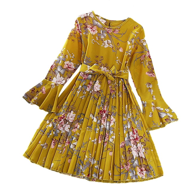 KYAIGUO 5-12 Ans Enfants Tout-Petits Filles Robes Décontractées Florales Printemps Automne Robe d'Été Robe de Princesse Manches Longues Jupe en Coton