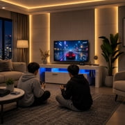 UHOMEPRO TV Stand for TV up to70, High Gloss Entertainment Center with RGB LED Lights and Storage Shelves, White Media Console for Living Room