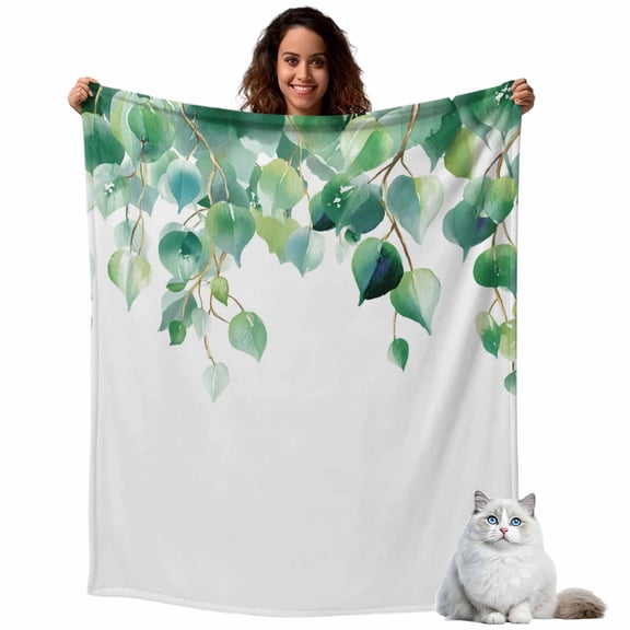 Country Green Eucalyptus Leaf Throw Blanket Flannel Fleece Throws, Watercolor Leaves on White Lightweight Super Soft Warm Blankets for Couch Sofa Bed All Season Use, 40x50 in