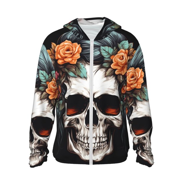 Balery Flower Horn Skull Sudadera ligera de manga larga con capucha y protección solar UPF 50+ para hombre y mujer, ideal para pesca y running-Small
