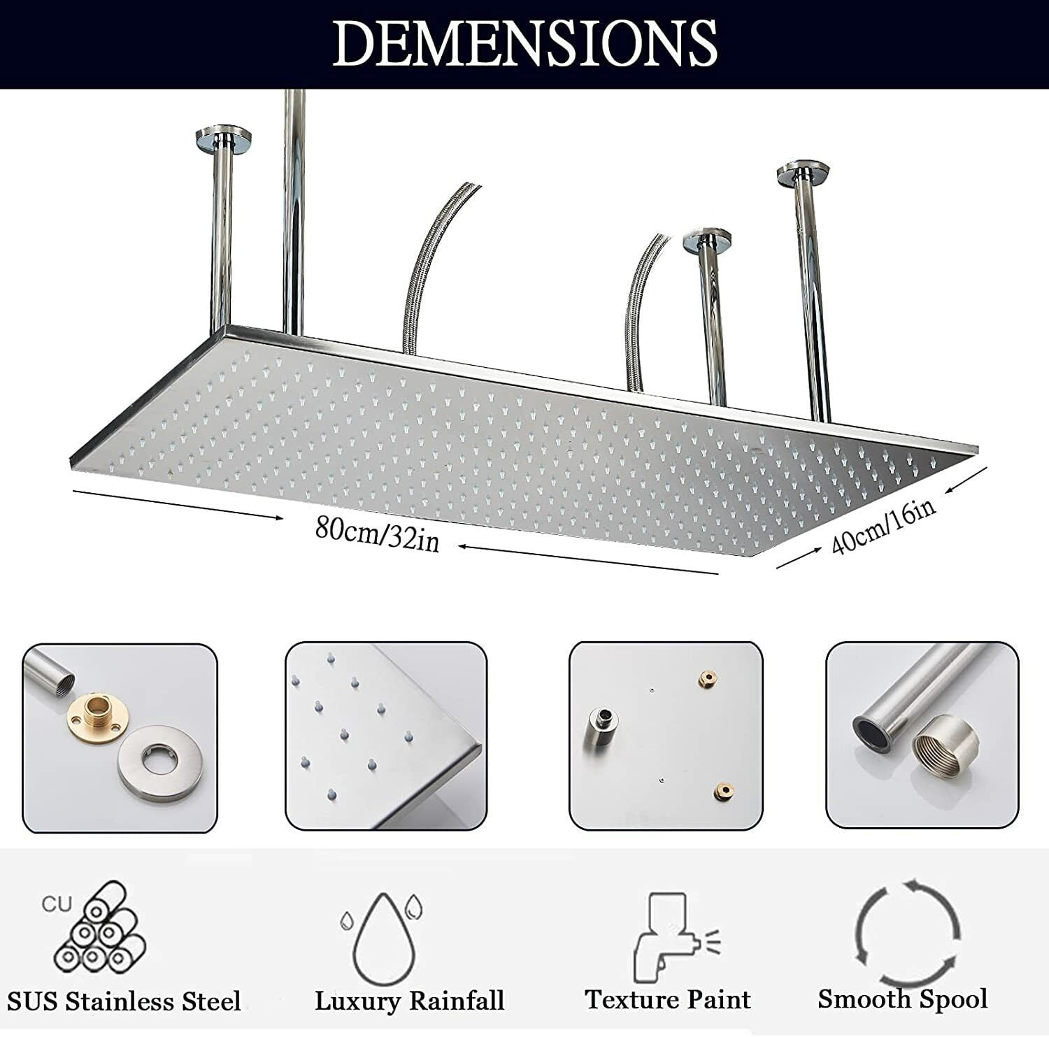 Ceil Mount 32x16" Square Rain Shower Head High pressure Top Spray Brushed Nickel