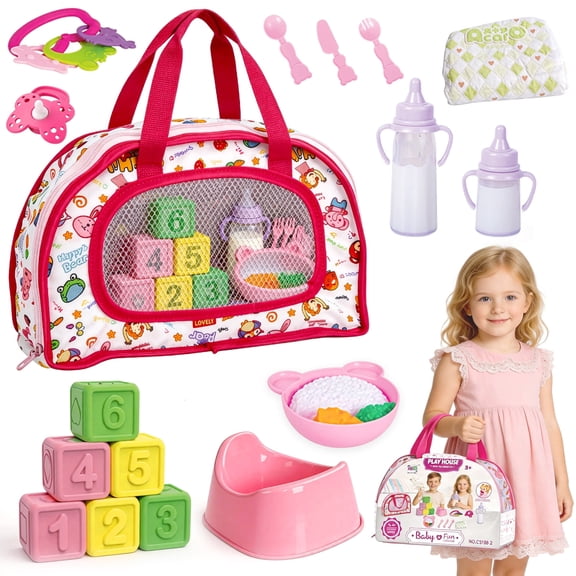 Chuvikid 20Pcs Baby Doll Accessories Set with Carry Handbag for Storage-Feeding Set,Pacifier,Bottles,Bowl Spoons,Dolls Feeding Kit for Kids Girls Party Gift Aged 3-12