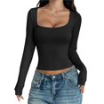 thumbnail image 1 of Camisas de Larga para Mujer, Tops Cortos, Cuello Cuadrado, Camisetas Básicas para Salir, Ropa de Invierno Y2K 2025 Negro S, 1 of 7